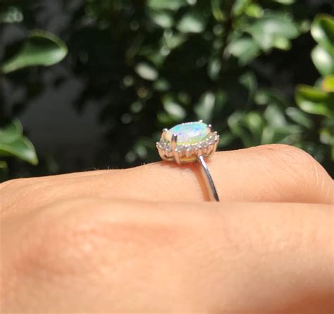 Oval Opal Halo Engagement Ring Genuine Opal Promise Ring Fire Opal