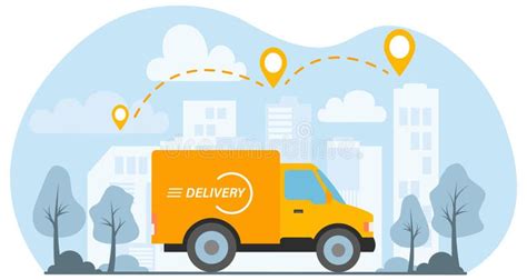 Yellow Delivery Van Ships A Parcel In A City Concept Of Fast Delivery