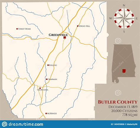 Map Of Butler County In Alabama Stock Vector Illustration Of Seat