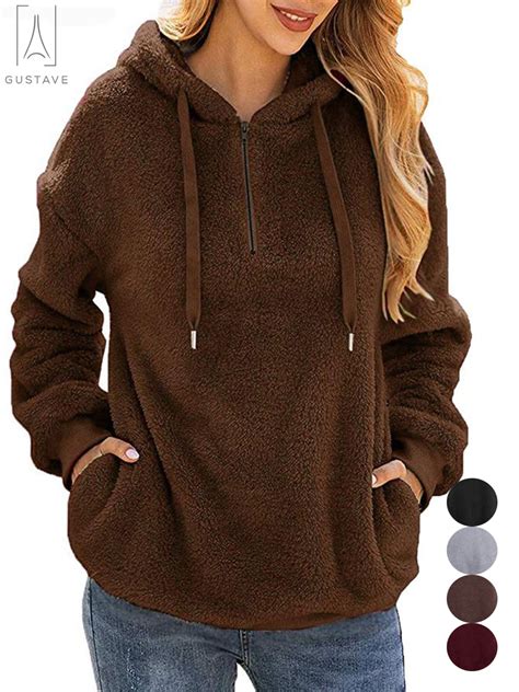 gustavedesign women s fuzzy fleece long sleeve pullover hoodies with 1 4 zip up sweatshirt warm