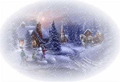 A Christmas Scene With Snow Falling On The Ground And Small Houses In The Foreground