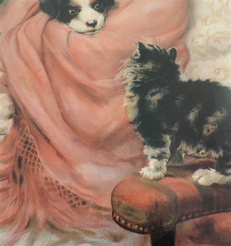 Victorian Lithograph Print Be Nice Little Girl Cat And Dog Pals Pets