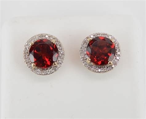 Garnet And Diamond Stud Earrings Halo Studs 14K Yellow Gold January