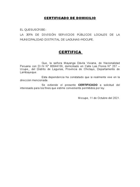 Certificado De Domicilio Pdf