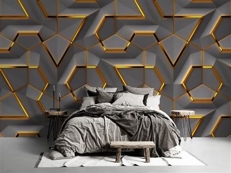 3d Look Abstract Gold Geometric Shapes Wallpaper Gray Background