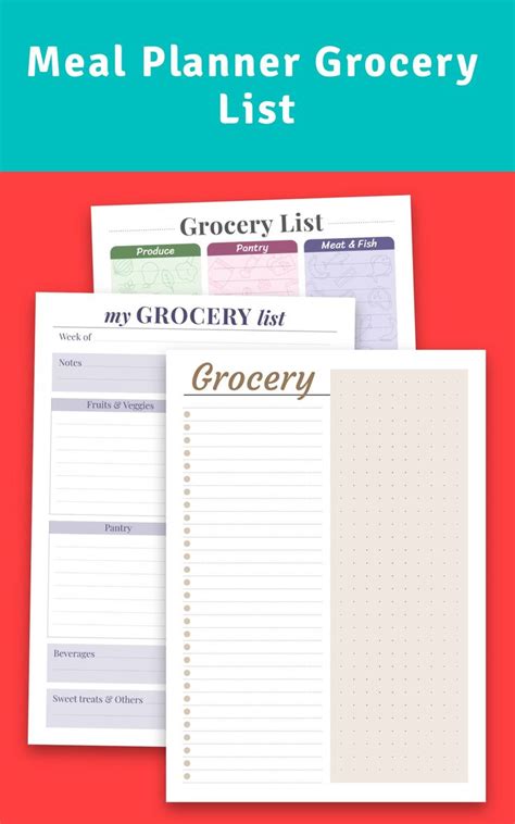 The Meal Planner Grocery List Is Shown In Three Different Colors