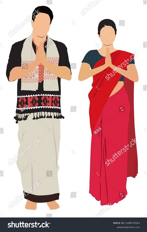 Assamese Couple Traditional Dress Assam เวกเตอรสตอก ปลอดคา