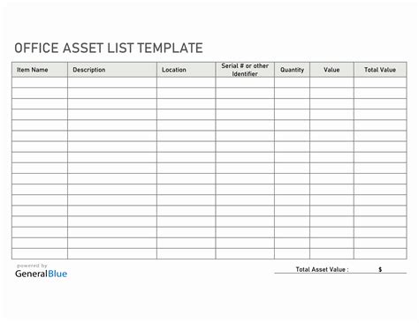 Fixed Asset List Template
