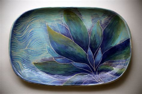 Blue Sgraffito Pottery Tray Handpainted Painted Decorative Floral