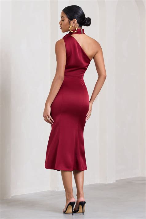 Golden Girl Burgundy Satin Asymmetric High Neck Flared Midi Dress