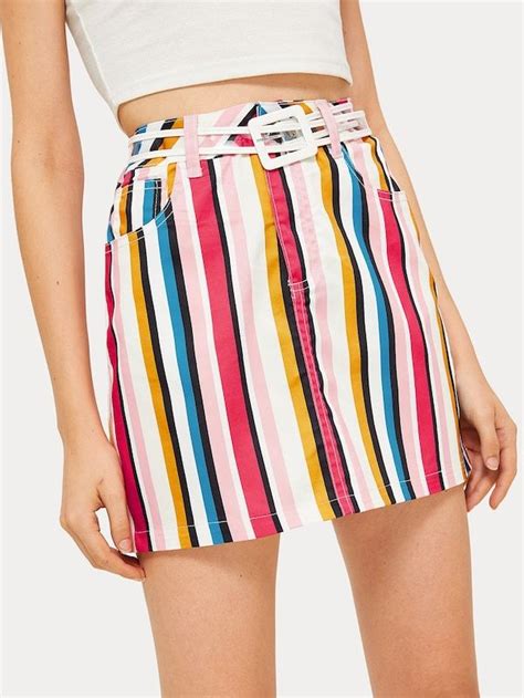 Colorful Vertical Stripe Print Pockets Mini Skirt Shein Printed