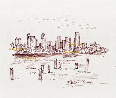 Seattle Skyline Pen And Ink Drawing Of Downtown On Elliott Bay Condren