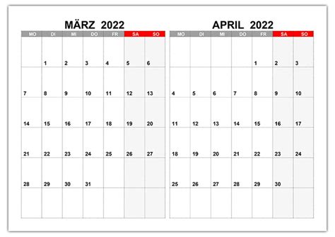 Kalender Für März April 2022 Kalendersu