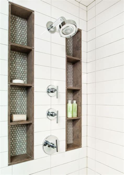 Tall Shower Niches Blue Brown And Subway Tile Bathroom Niches