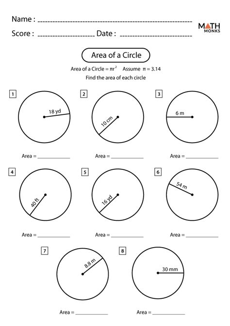 Area Of A Circle Worksheets Math Monks