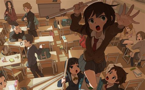 Wallpaper Room School Uniform Classroom Desk Anime