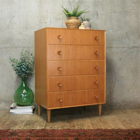 Mid Century Oak Chest Of Drawers Tallboy 3001a Mustard Vintage