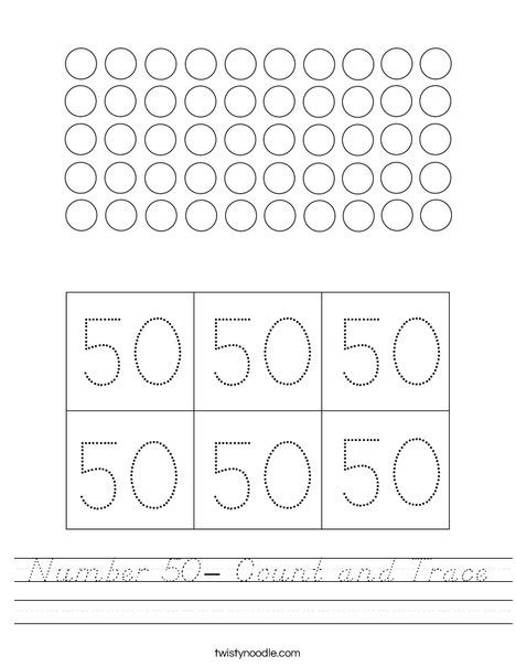 Number 50 Count And Trace Worksheet Dnealian Twisty Noodle