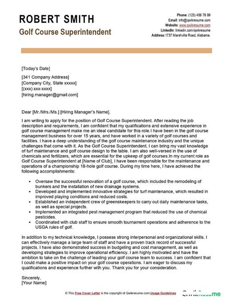 Golf Course Superintendent Cover Letter Examples Qwikresume