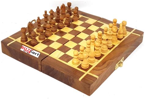 Buzykart Folding Wooden Chess Board Set Game Handmade Small Chess Yxl