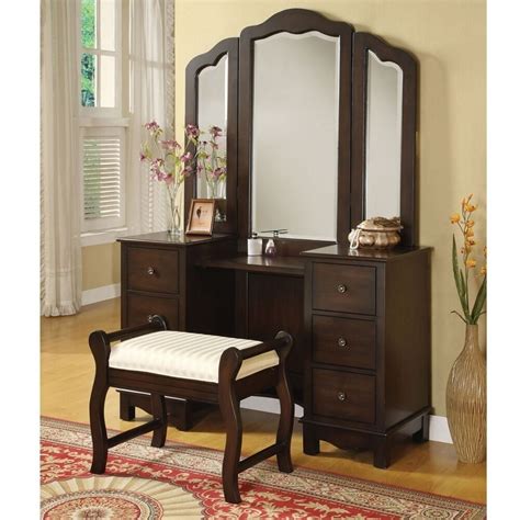 The table with its drawers is great for storing all your jewelry little treasures and makeup. Annapolis 3 pcs Makeup Vanity Set Tri Folding Mirror Bench ...