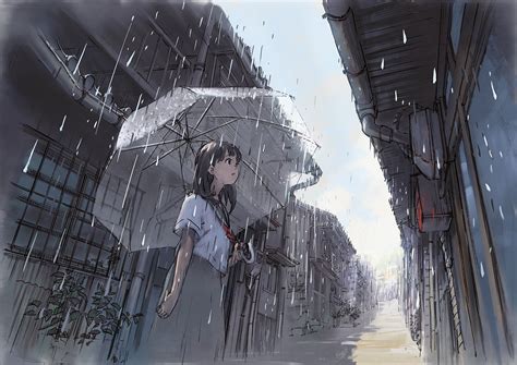 Anime Anime Girls Umbrella Original Characters Rain School Uniform