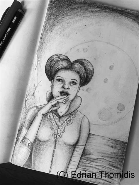 Pencil Drawing Of Female Figure With Lunar Background By Edrian