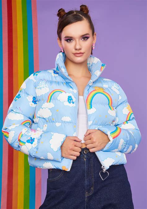 Dolls Kill X Care Bears Rainbow Cloud Print Puffer Jacket Multi