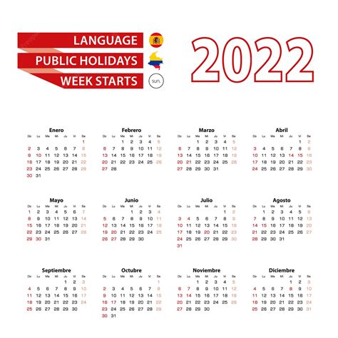 Calendario 2022 En Idioma Español Con Festivos El País De Colombia En