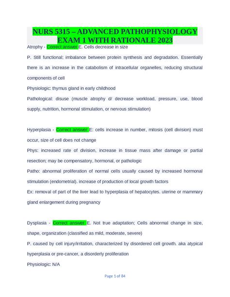 NURS 5315 – ADVANCED PATHOPHYSIOLOGY EXAM 1 WITH RATIONALE 2023 | Exams
