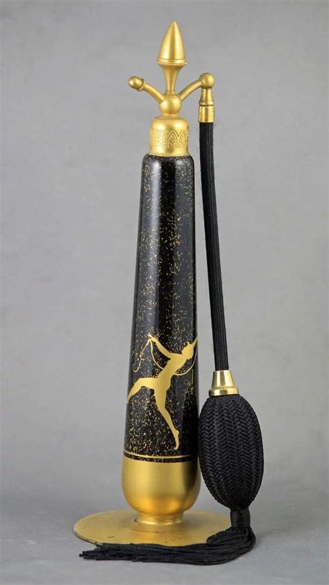 Dark academia fashion and decor water bottle. Tall 1926 DeVilbiss Art Deco Black & Gold Perfume Atomizer ...