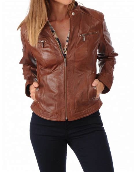 Womens Leather Jacket Real Lambskin Biker Motorcycle Brown Slim Fit