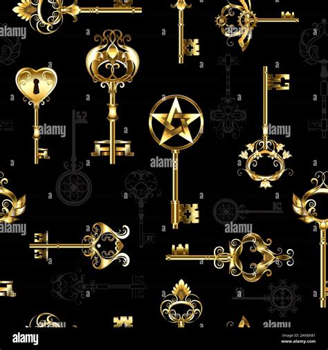 Seamless Pattern Of Antique Gold And Silhouette Keys On Black