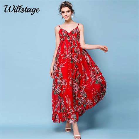 Willstage Boho Maxi Dress Red Summer Long Dresses Women Beach Wear Floral Print Loose Spaghetti