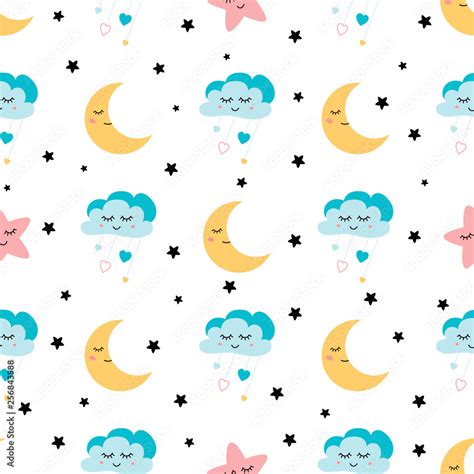 Seamless Cute Childish Pattern With Baby Stars Cloud Moon Kids Texture
