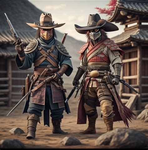 Two Men Dressed As Samurais Walking In Front Of An Old Wooden Building