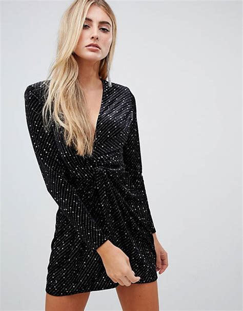 Missguided Velvet Glitter Wrap Front Mini Dress In Black Asos