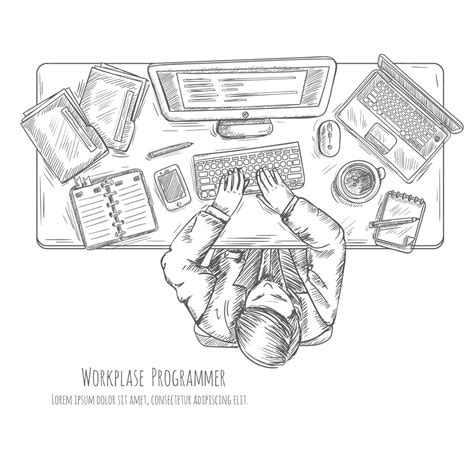 Free Vector Programmer Work Place With Man At The Table Top View Sketch