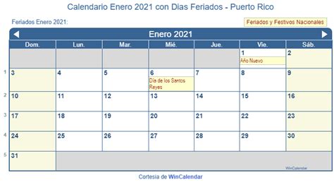 Calendario Enero 2021 Para Imprimir Puerto Rico