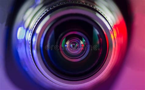 Camera Lens And Multi Colored Backlight Blue And Red Stock Photo