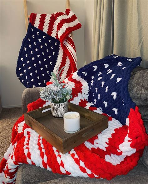 American Flag Chunky Knit Blanket American Flag Handknit Etsy