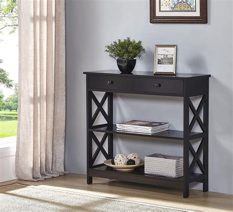 Black Finish 3 Tier Console Sofa Entry Table With Shelftwo Drawers