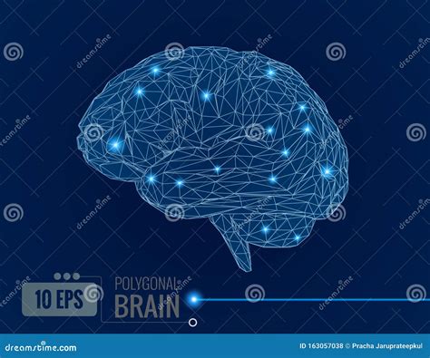 Glowing Triangle Wireframe Brain Isolated On Dark Blue Bg Stock Vector