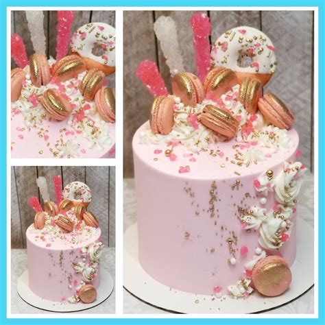 Pink And Gold Macaron And Donut Cake Blue Sheep Bake Shop