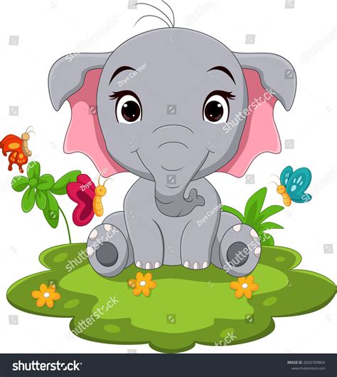 Cartoon Cute Baby Elephant Sitting Grass Stock Vector Royalty Free