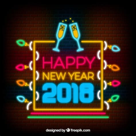 Free Vector Bright New Year Neon Sign With Champagne