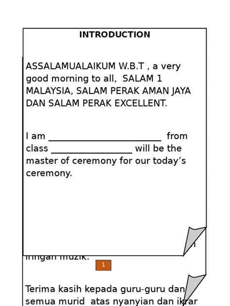 Klik link di bawah untuk download himpunan teks pengacara majlis. Teks Pengacara Majlis Perhimpunan Rasmi Sekolah 2017 ...