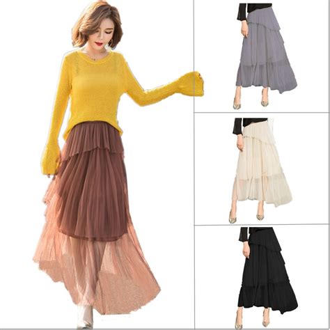 Women Long Ruffle Skirts Asymmetrical Layered Mesh Pleated Skirt