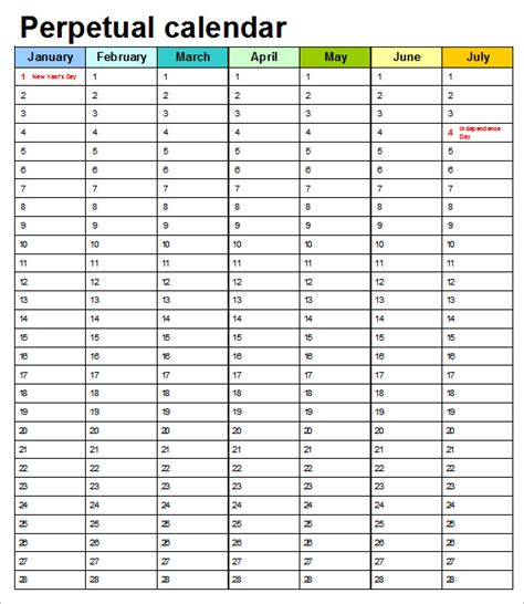 Perpetual Calendar Excel Template