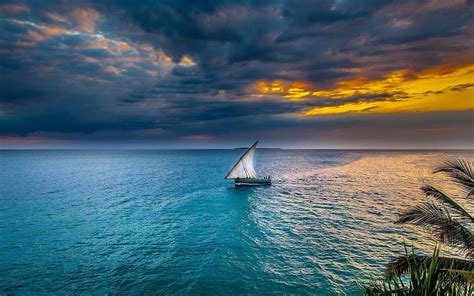 Sailboat Storm At Sea Evening Sunset Tropical Islands Ocean Hd